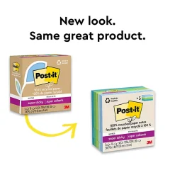 Post-it® Super Sticky 100% Recycled Paper Notes, 3 x 3 in, 5 Sticky Note Pads, 70 Sheets/Pad, 2X the Sticking Power, School and Office Supplies, Oasis