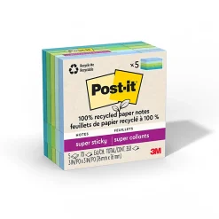 Post-it® Super Sticky 100% Recycled Paper Notes, 3 x 3 in, 5 Sticky Note Pads, 70 Sheets/Pad, 2X the Sticking Power, School and Office Supplies, Oasis