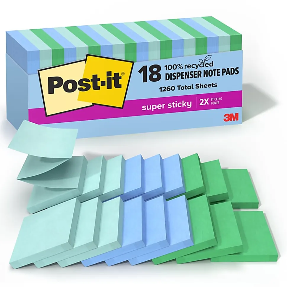 Post-it® Super Sticky 100% Recycled Paper Notes, 3 x 3 in, 18 Sticky Note Pads, 70 Sheets/Pad, School Supplies and Office Products, Oasis