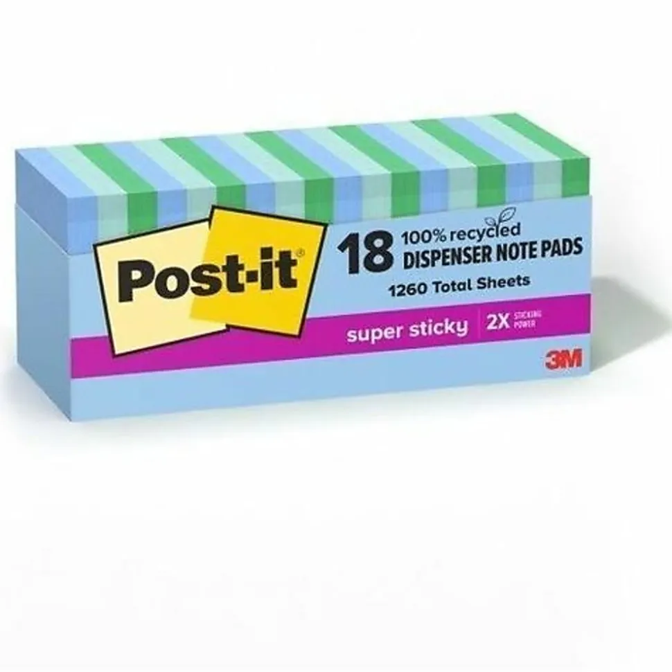 Post-it® Super Sticky 100% Recycled Paper Notes, 3 x 3 in, 18 Sticky Note Pads, 70 Sheets/Pad, School Supplies and Office Products, Oasis