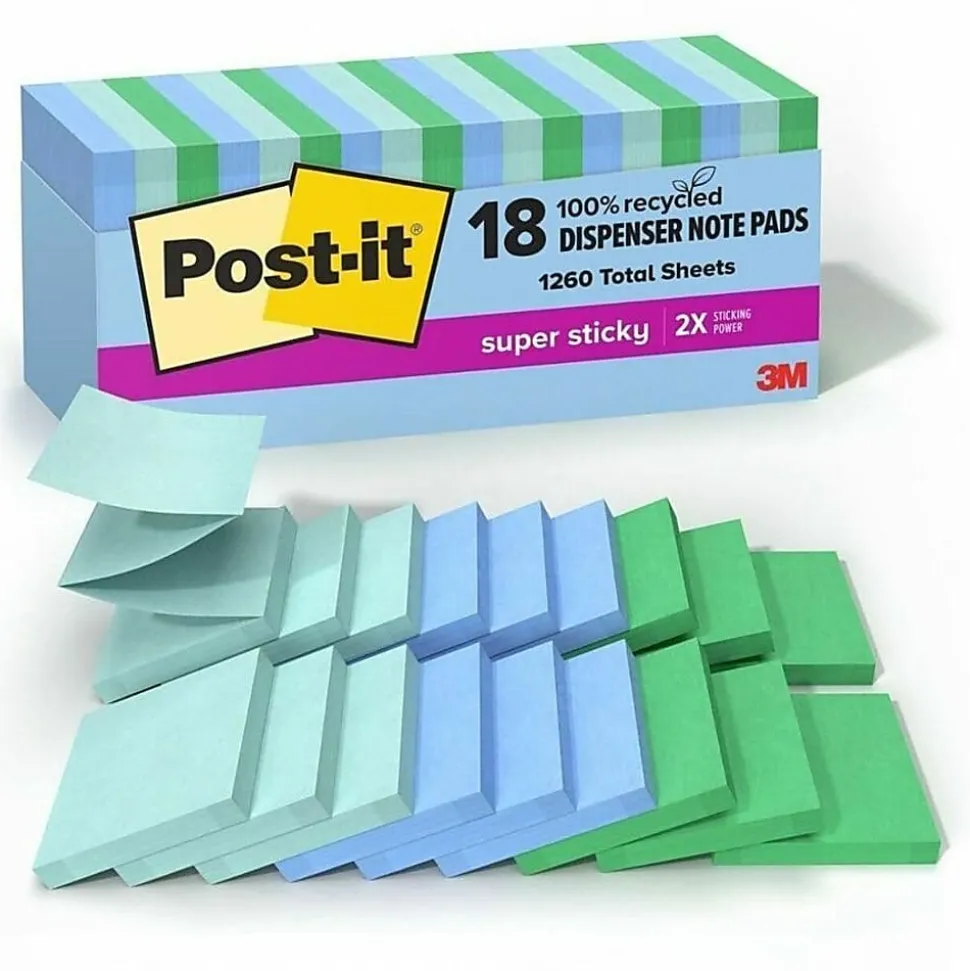 Post-it® Super Sticky 100% Recycled Paper Notes, 3 x 3 in, 18 Sticky Note Pads, 70 Sheets/Pad, School Supplies and Office Products, Oasis