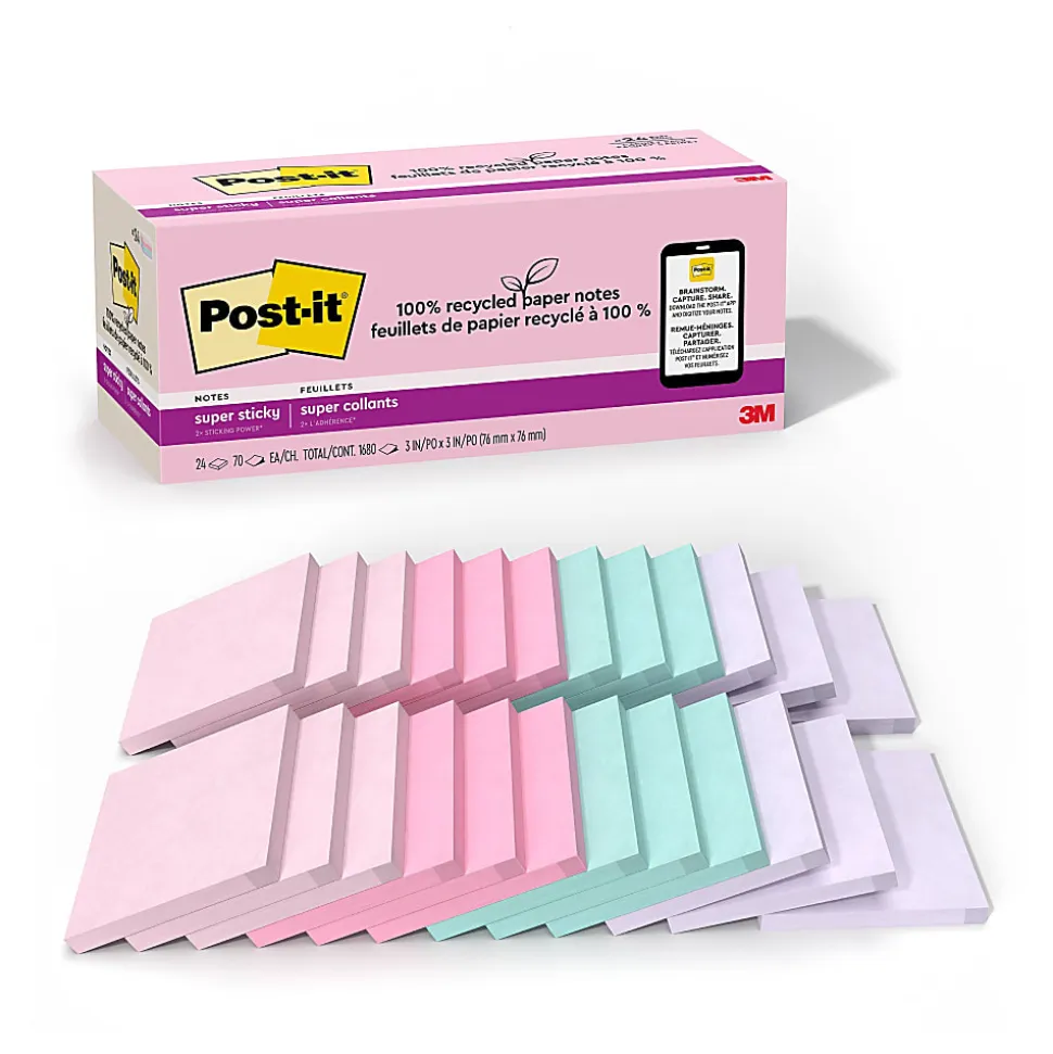 Post-it® Super Sticky 100% Recycled Paper Notes, 3 x 3 in, 24 Note Pads, 70 Sheets/Pad, 2X the Sticking Power, School Supplies, Wanderlust Pastels