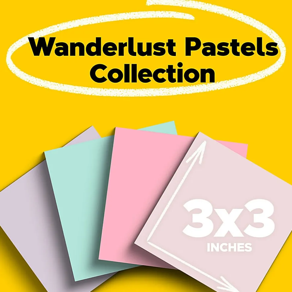 Post-it® Super Sticky 100% Recycled Paper Notes, 3 x 3 in, 24 Note Pads, 70 Sheets/Pad, 2X the Sticking Power, School Supplies, Wanderlust Pastels