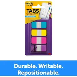 Post-it® Tabs, .625 in., 10/Color, 40/Dispenser, Solid, Aqua, Yellow, Pink, Violet