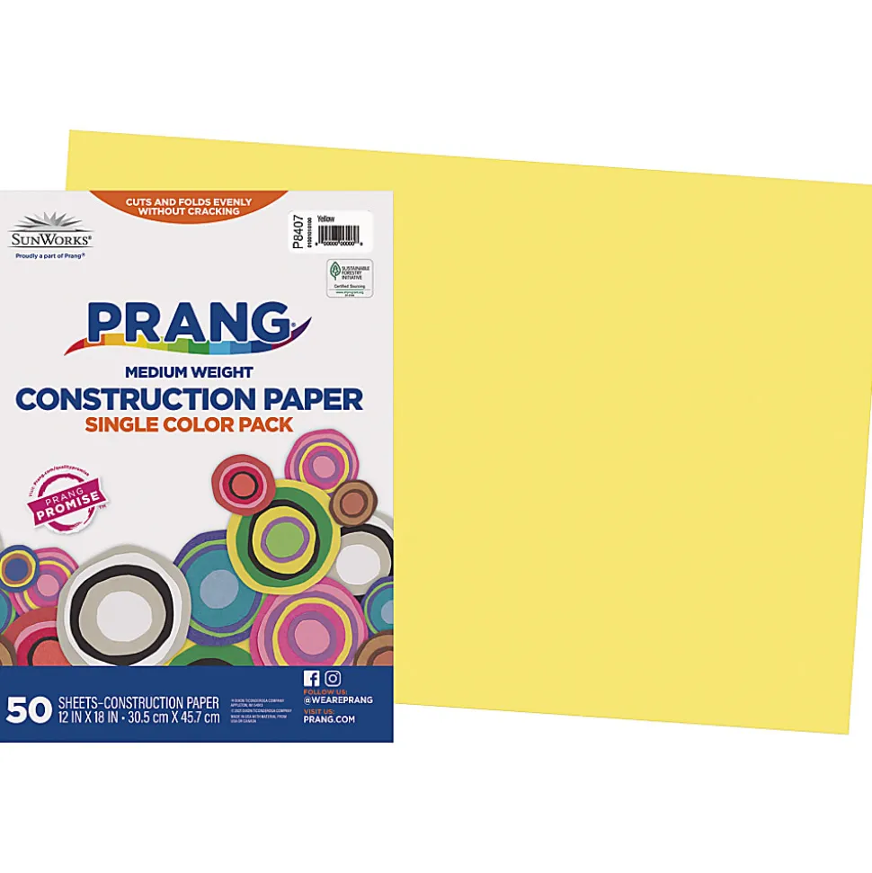 Prang Construction Paper, Medium Weight, 12" x 18", Yellow, 50 Sheets Per Pack, Set Of 5 Packs