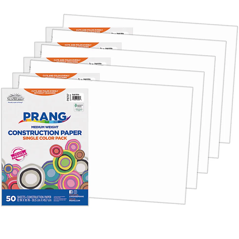 Prang Construction Paper, Medium Weight, 12" x 18", Bright White, 50 Sheets Per Pack, Set Of 5 Packs
