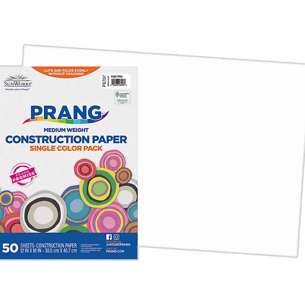 Prang Construction Paper, Medium Weight, 12" x 18", Bright White, 50 Sheets Per Pack, Set Of 5 Packs