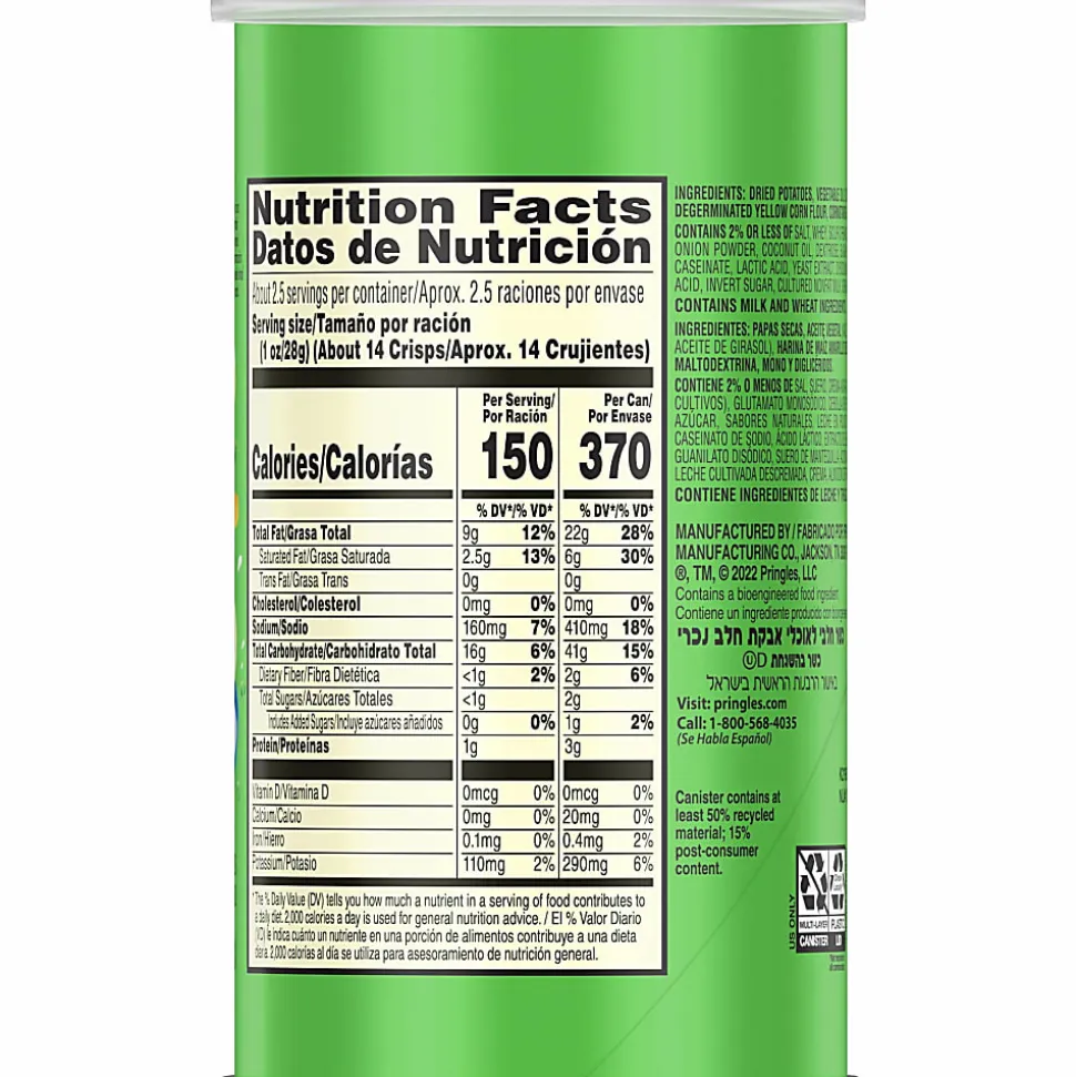 Pringles® Sour Cream & Onion Cans, 2.50 Oz, Carton Of 12 Cans