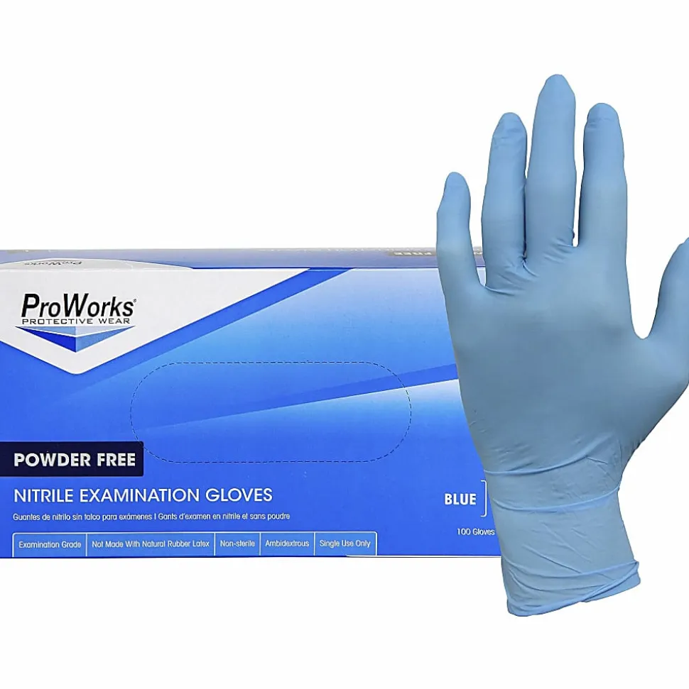 ProWorks NPF Nitrile Powder Free Exam Gloves, 5.5 mil Thickness x 9.50" Glove Length, Small Size, For Right/Left Hand, 100/Box, 10 / Carton