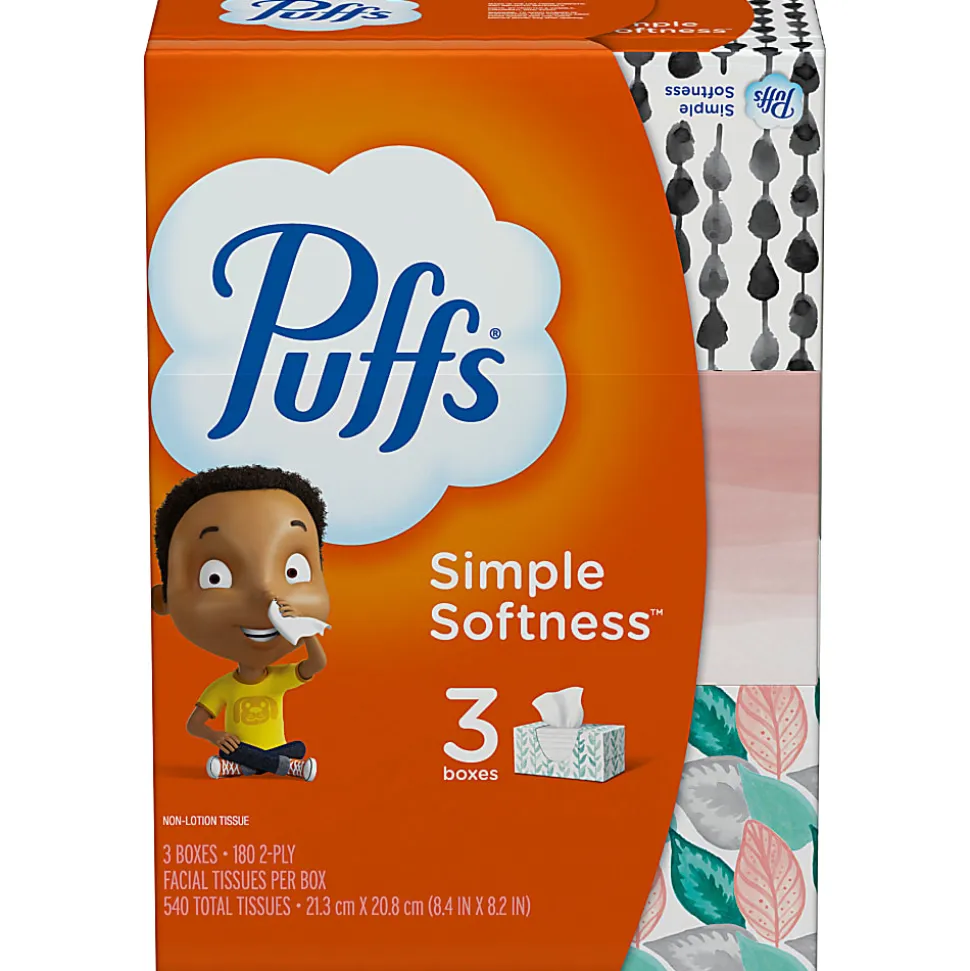 Puffs Basic 2-Ply Facial Tissues, White, 180 Tissues Per Box, Case Of 3 Boxes
