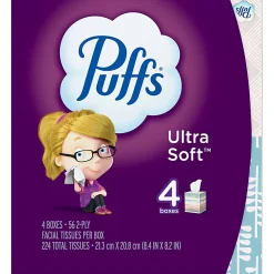 Puffs Ultra-Soft 2-Ply Facial Tissues, White, 56 Tissues Per Cube, Pack Of 4 Cubes