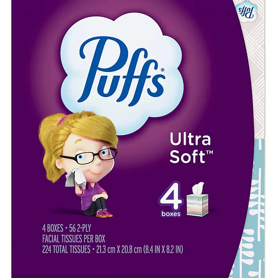 Puffs Ultra-Soft 2-Ply Facial Tissues, White, 56 Tissues Per Cube, Pack Of 4 Cubes