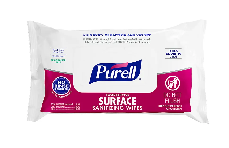 Purell® Foodservice Surface Sanitizing Wipes, Fragrance Free, 7-7/16” x 9”, White, Flowpack Of 72 Wipes