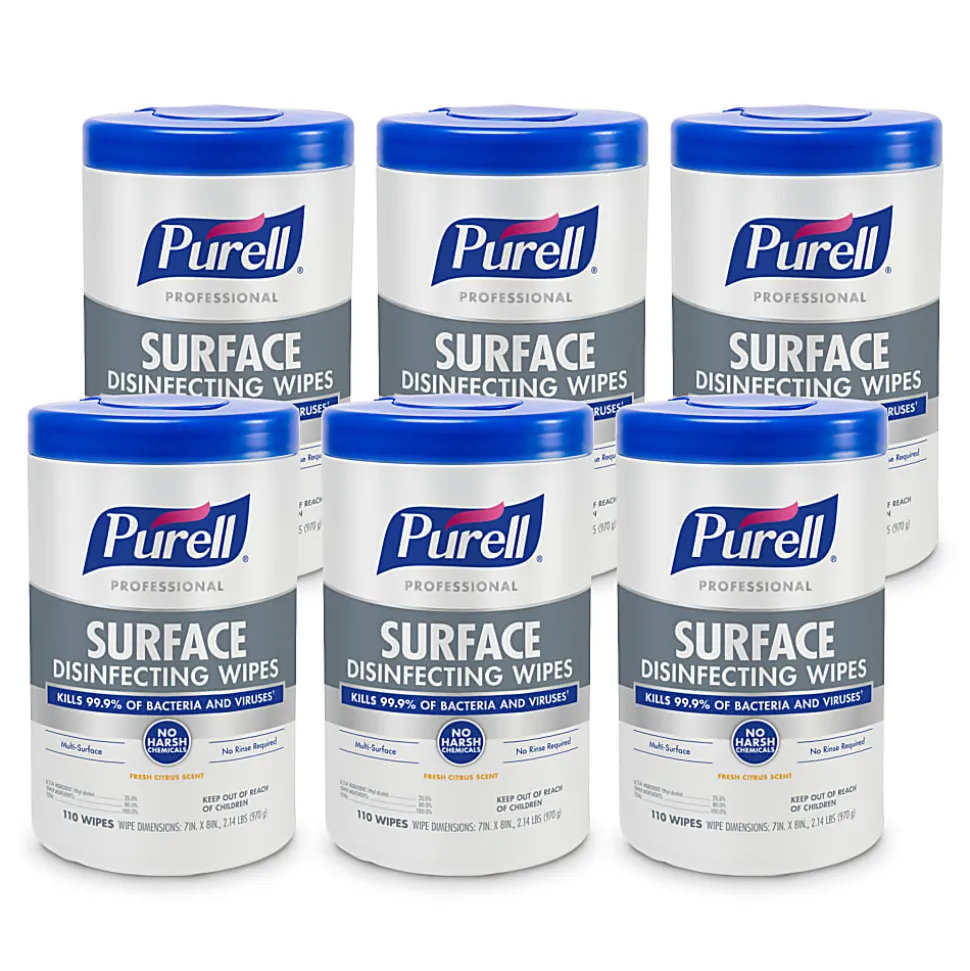 PURELL® Professional Surface Disinfecting Wipes, Citrus Scent, 110 Count Canister, 7"x 8" Wipes, Pack of 6 Canisters