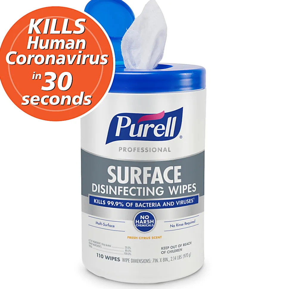 PURELL® Professional Surface Disinfecting Wipes, Citrus Scent, 110 Count Canister, 7"x 8" Wipes, Pack of 6 Canisters
