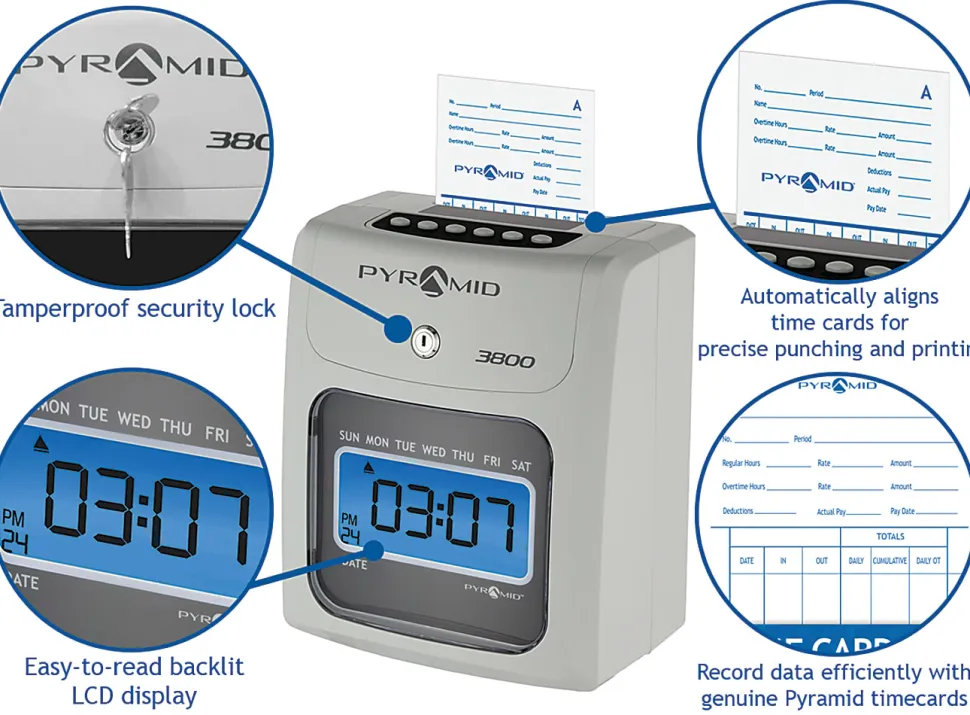 Pyramid Time Systems - Model 3800 Auto Totaling Time Clock, Electronic Time Punch Clock - 044942798991