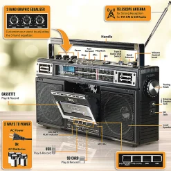 QFX Bluetooth Cassette Radio Boom Box with USB Recording and Built-in Microphone, 7-1/4”H x 4”W x 13-13/16”D, Black, J-230BT