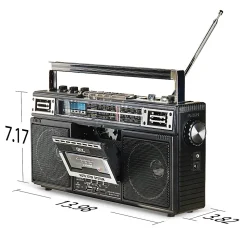 QFX Bluetooth Cassette Radio Boom Box with USB Recording and Built-in Microphone, 7-1/4”H x 4”W x 13-13/16”D, Black, J-230BT