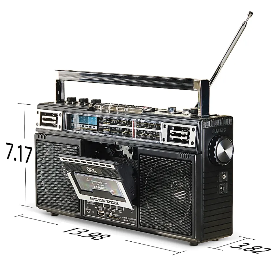 QFX Bluetooth Cassette Radio Boom Box with USB Recording and Built-in Microphone, 7-1/4”H x 4”W x 13-13/16”D, Black, J-230BT