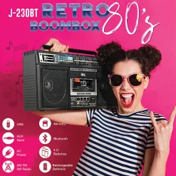 QFX Bluetooth Cassette Radio Boom Box with USB Recording and Built-in Microphone, 7-1/4”H x 4”W x 13-13/16”D, Black, J-230BT