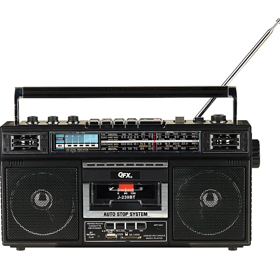 QFX Bluetooth Cassette Radio Boom Box with USB Recording and Built-in Microphone, 7-1/4”H x 4”W x 13-13/16”D, Black, J-230BT