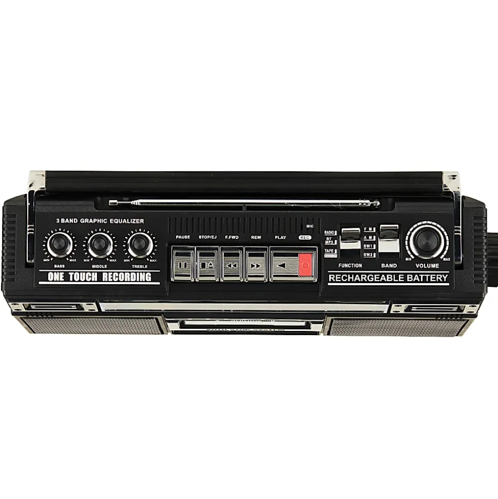 QFX Bluetooth Cassette Radio Boom Box with USB Recording and Built-in Microphone, 7-1/4”H x 4”W x 13-13/16”D, Black, J-230BT