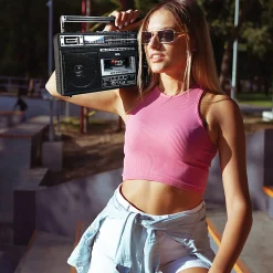 QFX Bluetooth Cassette Radio Boom Box with USB Recording and Built-in Microphone, 7-1/4”H x 4”W x 13-13/16”D, Black, J-230BT