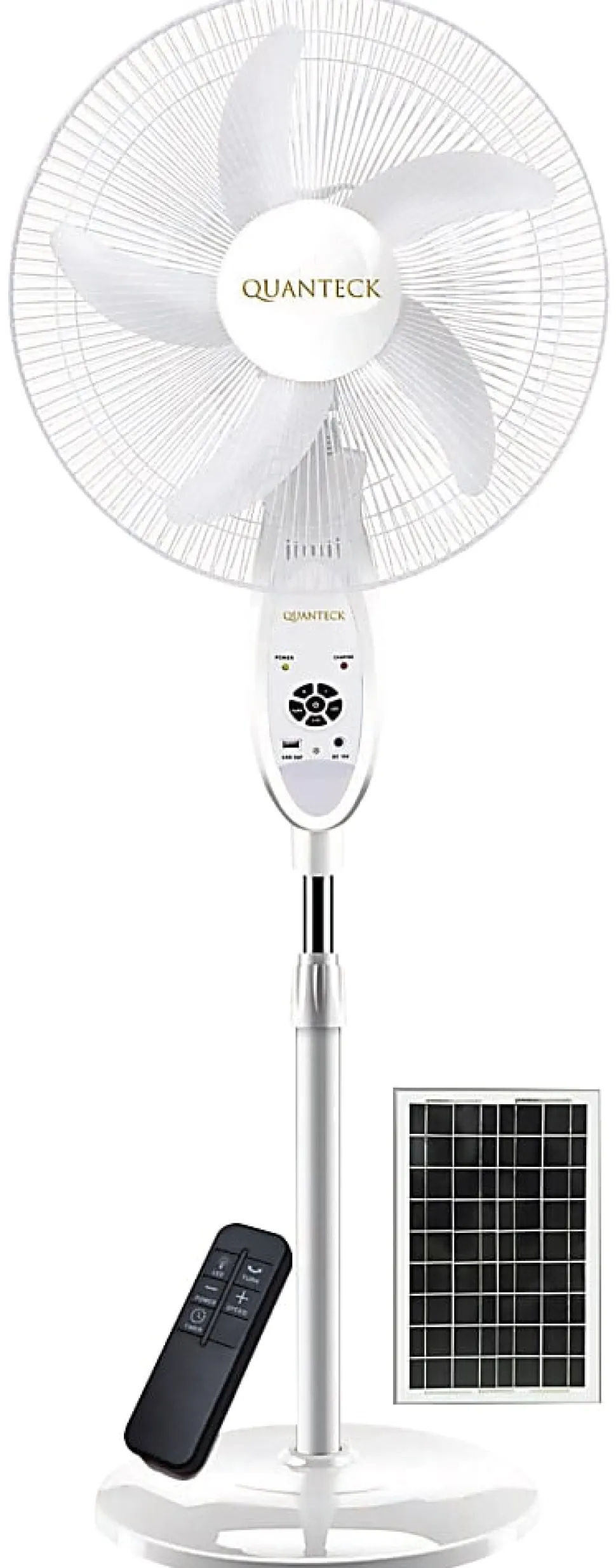 QFX Quanteck Pedestal 18” Solar Fan, 44”H x 18”W x 18”D, White
