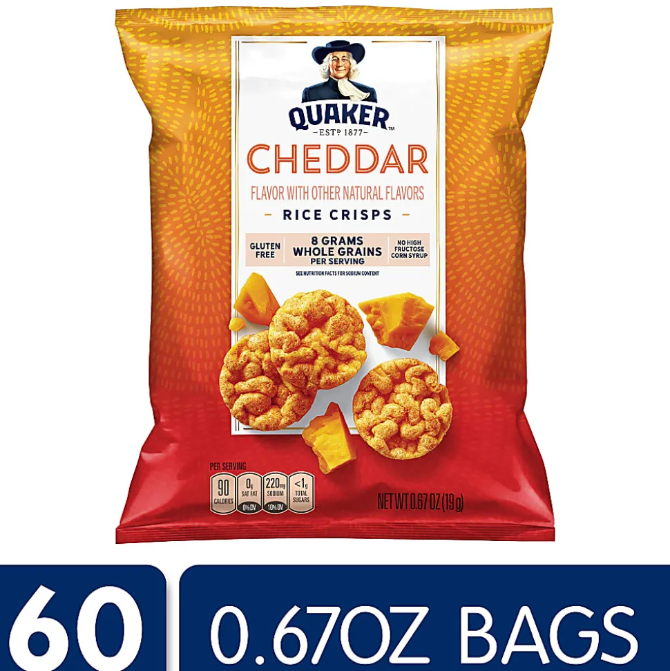 Quaker Cheddar Cheese Popped Rice Crisps, 0.67 Oz, Pack Of 60