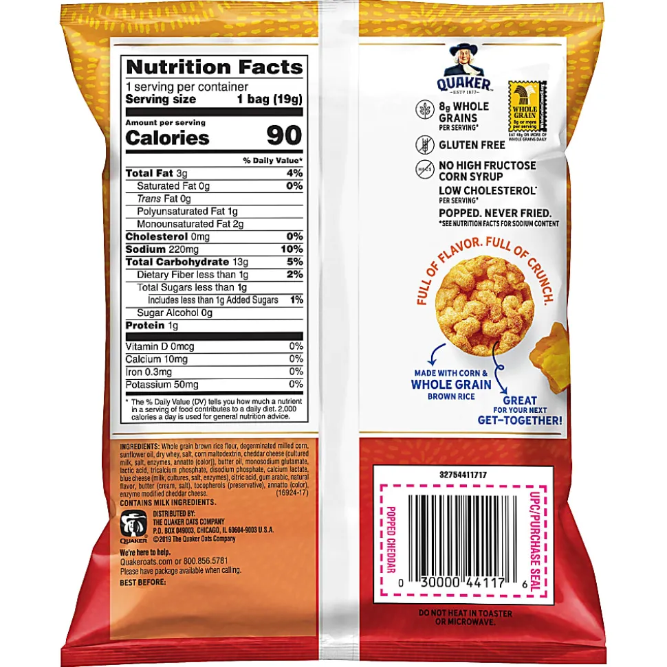 Quaker Cheddar Cheese Popped Rice Crisps, 0.67 Oz, Pack Of 60