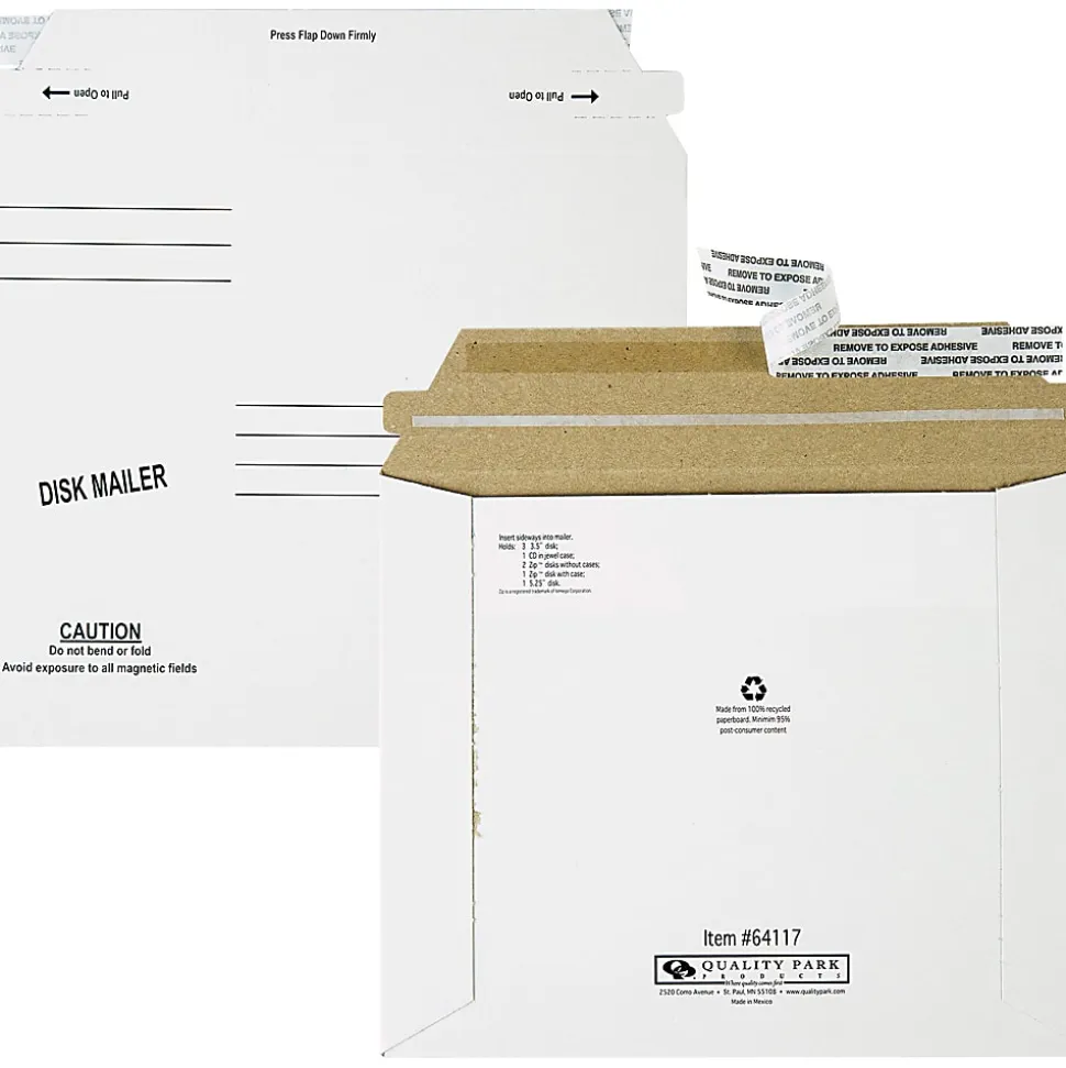 Quality Park Economy Disk/CD Mailers - Disc/Diskette - 7 1/2" Width x 6 1/8" Length - Self-sealing - Paperboard - 100 / Carton - White