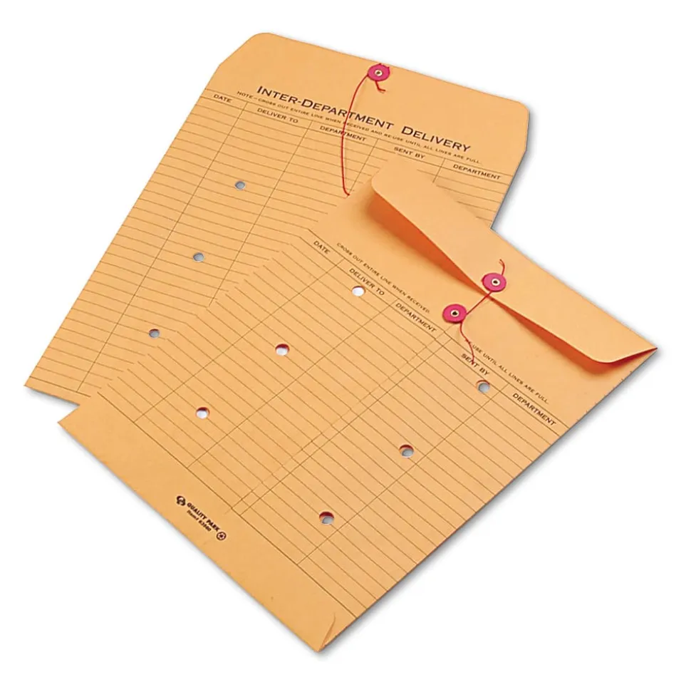 Quality Park Inter-Department Envelopes, 10" x 13", 2-Side Narrow-Rule, Button & String, 20% Recycled, Brown, Pack Of 100