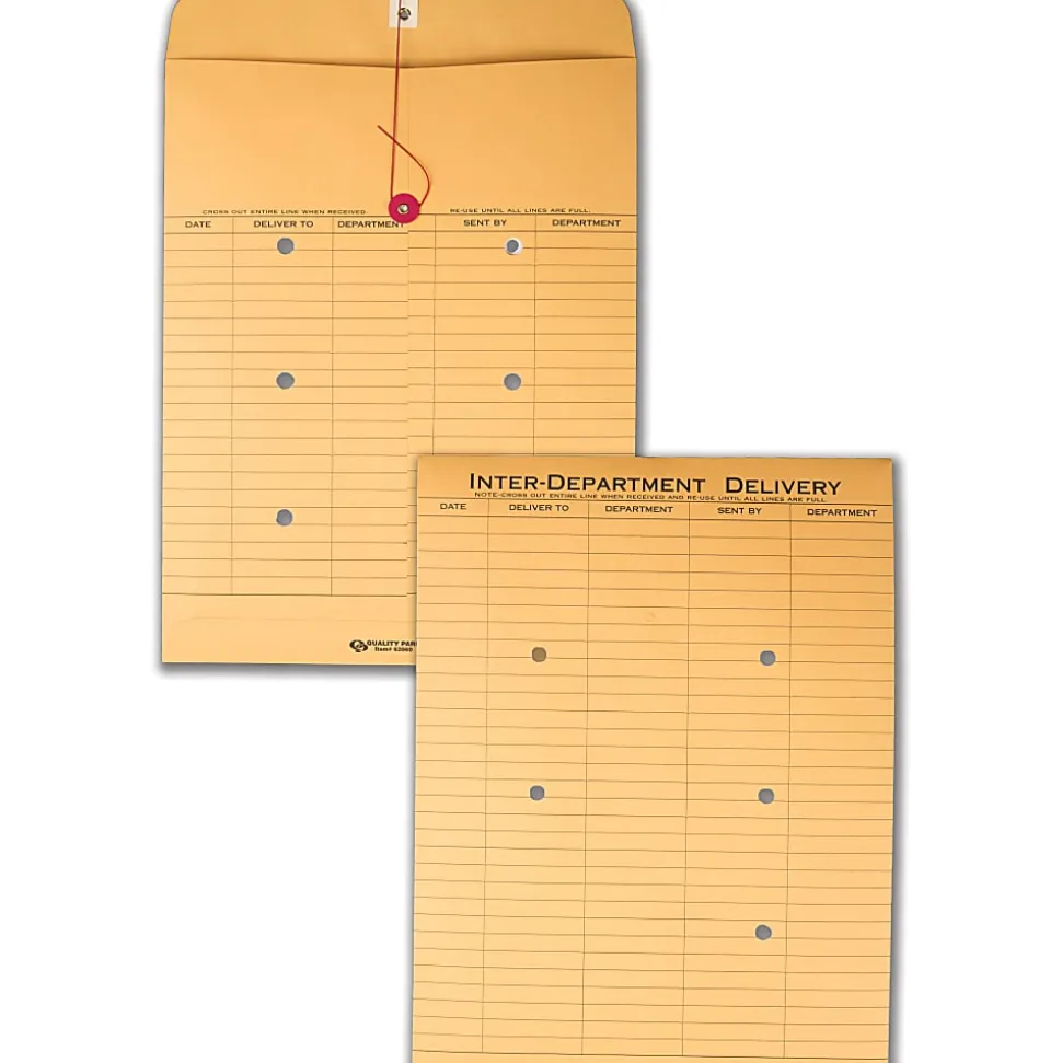 Quality Park Inter-Department Envelopes, 10" x 13", 2-Side Narrow-Rule, Button & String, 20% Recycled, Brown, Pack Of 100