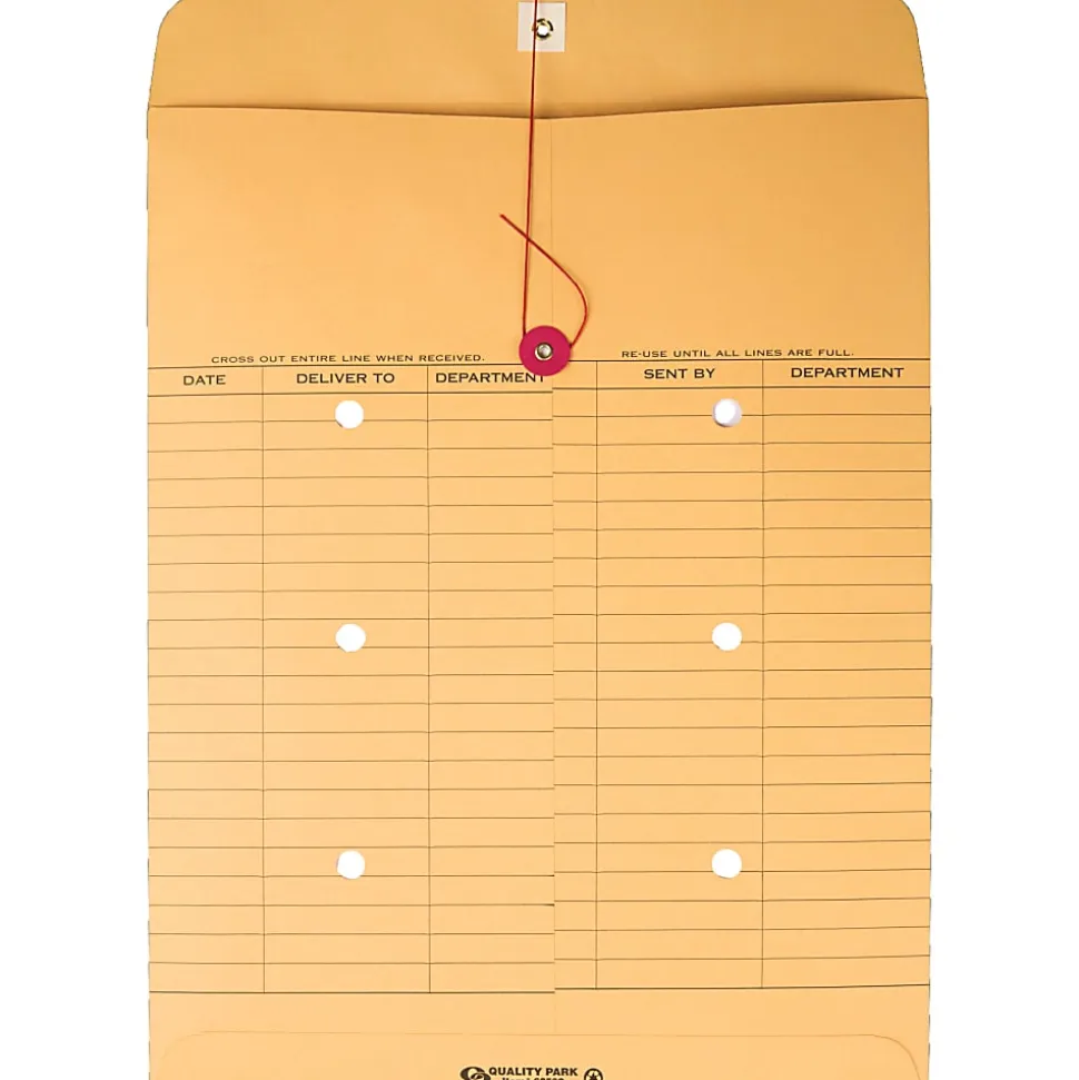 Quality Park Inter-Department Envelopes, 10" x 13", 2-Side Narrow-Rule, Button & String, 20% Recycled, Brown, Pack Of 100