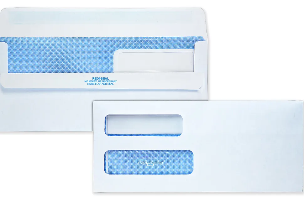 Quality Park® #10 Redi-Seal™ Envelopes, Double-Window, Security, Self-Sealing, White, Box Of 500