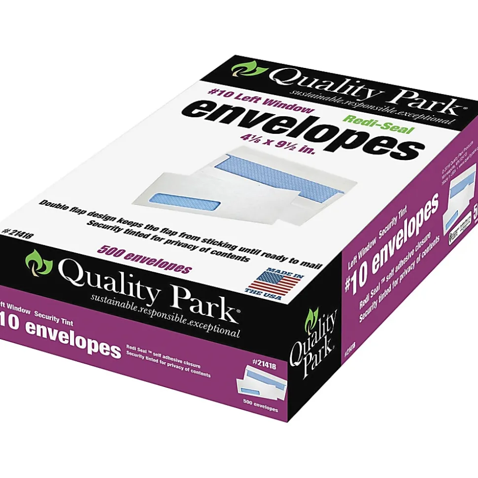 Quality Park® #10 Redi-Seal™ Security Window Envelopes, Bottom Left Window, Self Adhesive, White, Box Of 500