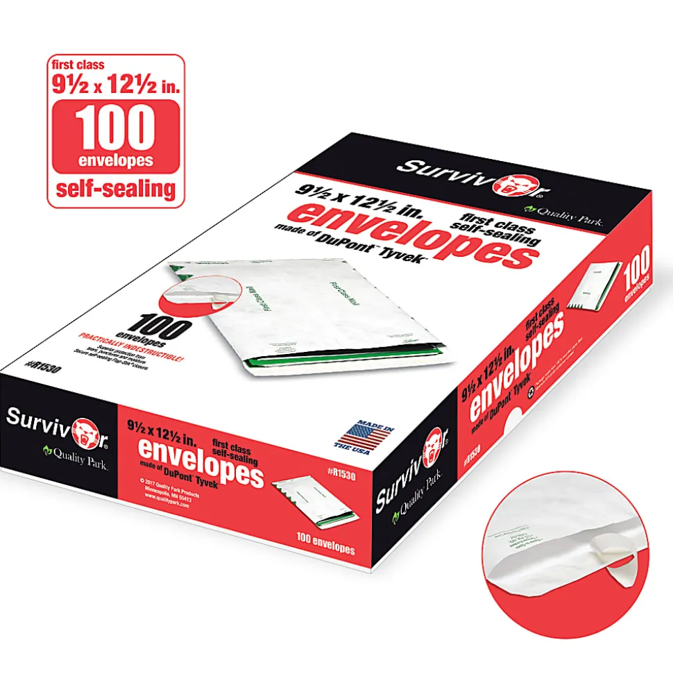 Quality Park® Tyvek® Envelopes, 9 1/2" x 12 1/2", First Class, Self-Adhesive, White, Box Of 100