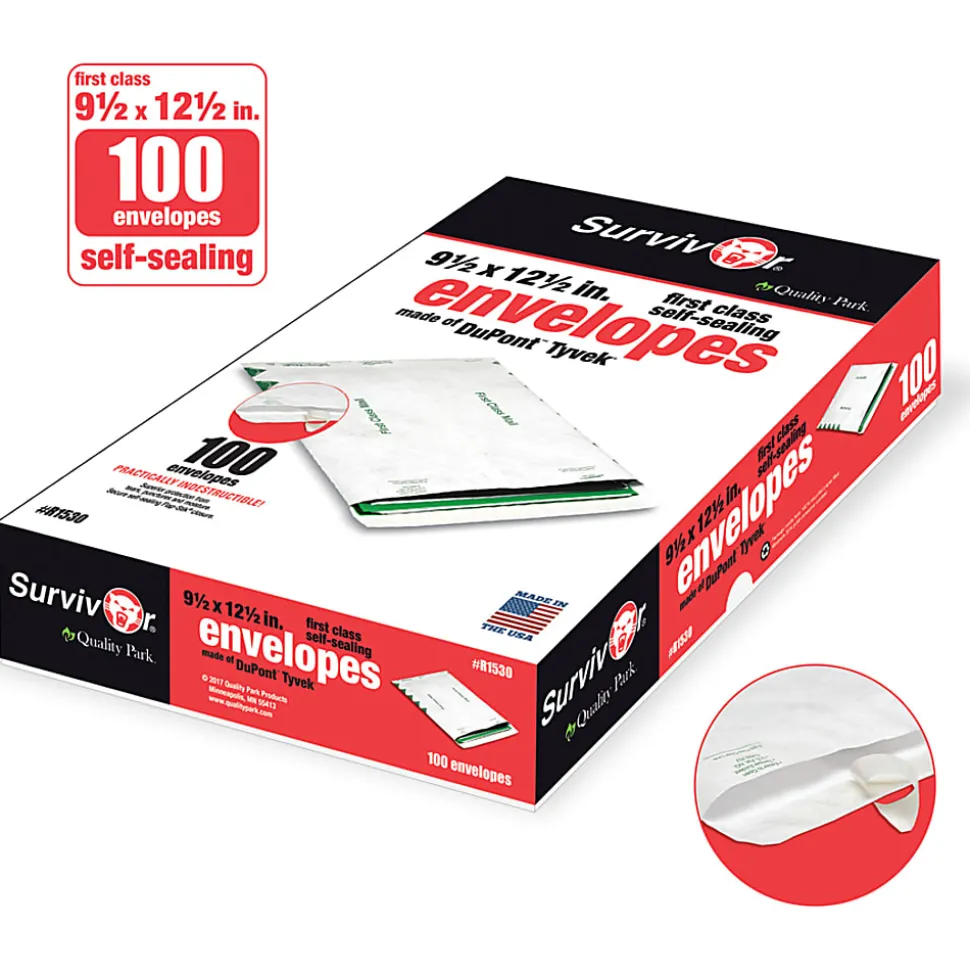 Quality Park® Tyvek® Envelopes, 9 1/2" x 12 1/2", First Class, Self-Adhesive, White, Box Of 100