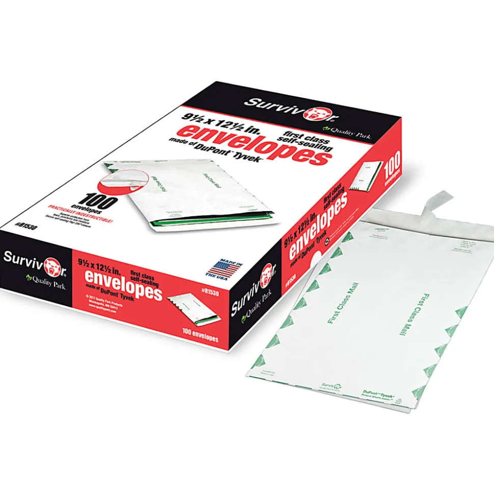 Quality Park® Tyvek® Envelopes, 9 1/2" x 12 1/2", First Class, Self-Adhesive, White, Box Of 100