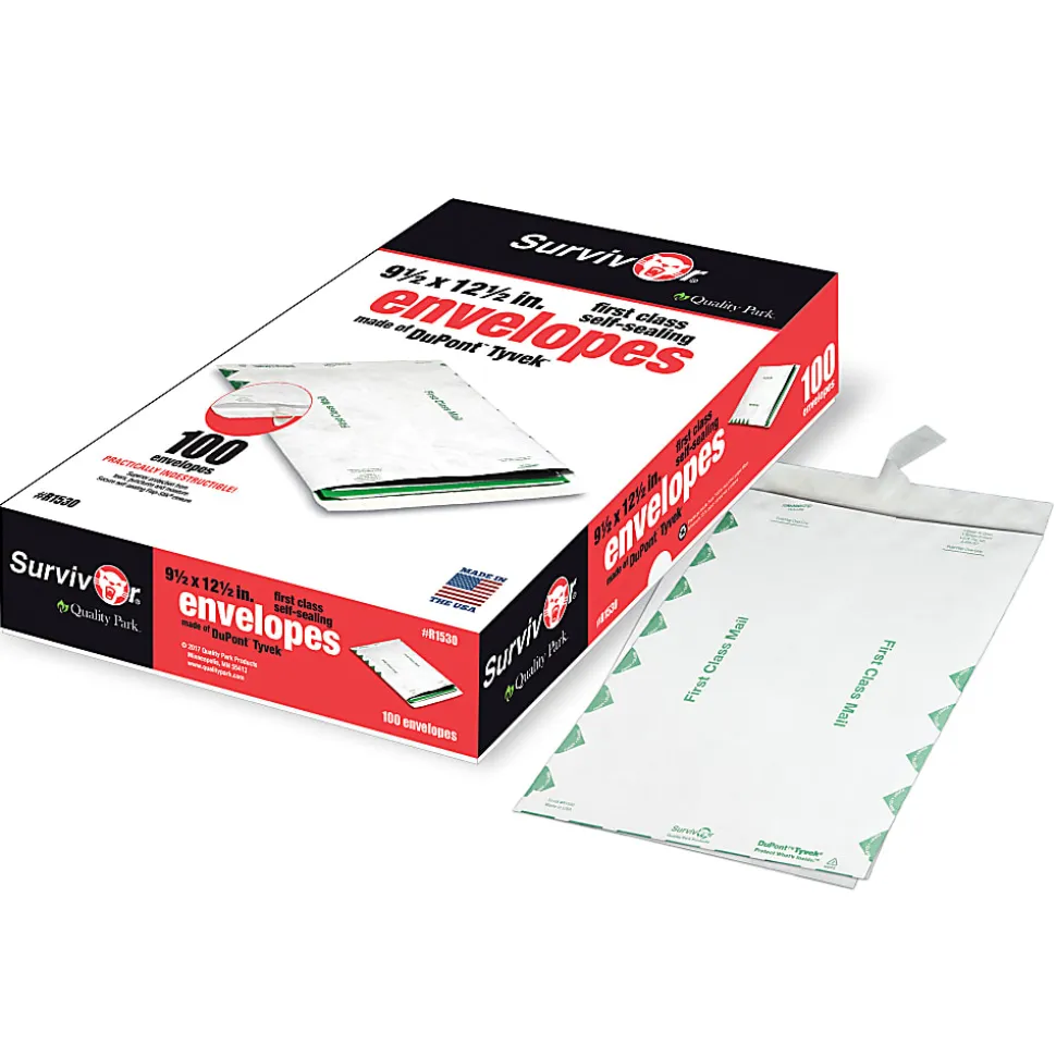 Quality Park® Tyvek® Envelopes, 9 1/2" x 12 1/2", First Class, Self-Adhesive, White, Box Of 100