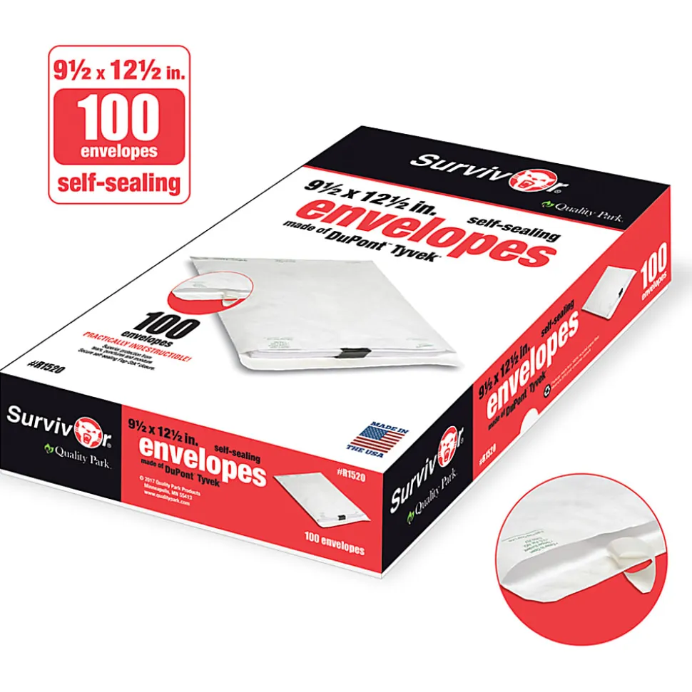 Quality Park® Tyvek® Envelopes, 9 1/2" x 12 1/2", Self-Adhesive, White, Box Of 100