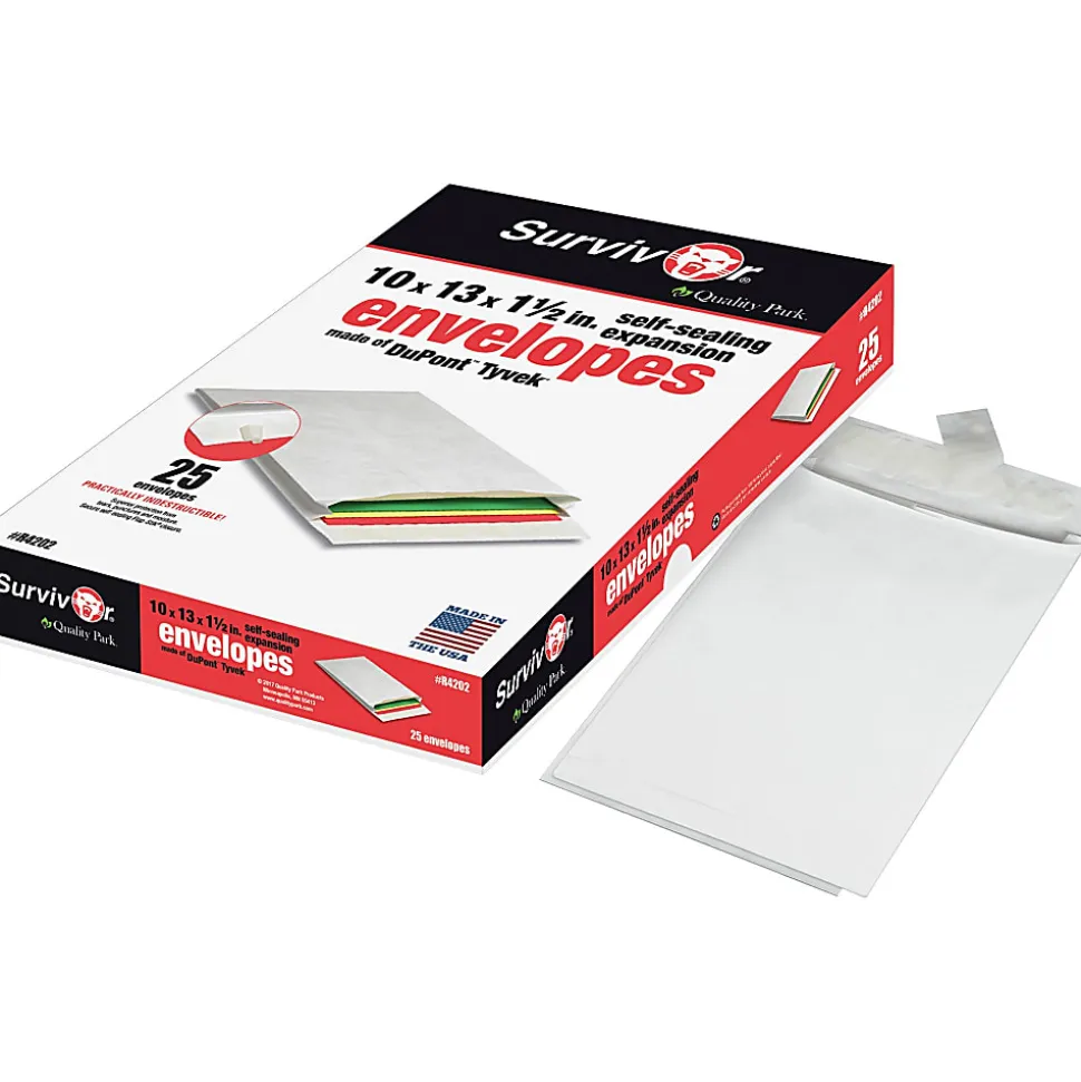 Quality Park® Tyvek® Expansion Envelopes, 10" x 13" x 1 1/2", 14 Lb, White, Box Of 25