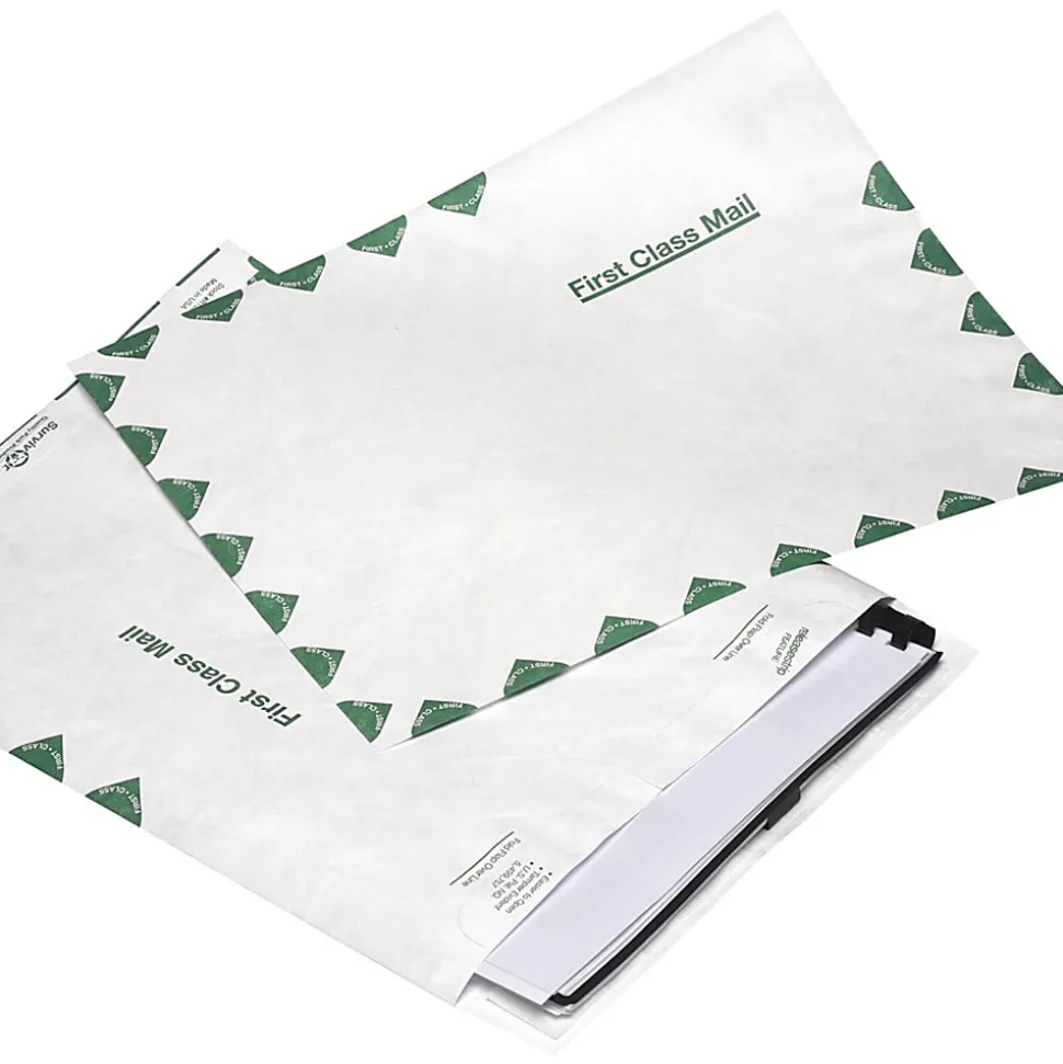 Quality Park® Tyvek® First Class 10" x 15" Envelopes, 14 Lb, Self-Adhesive, Green/White, Box Of 100