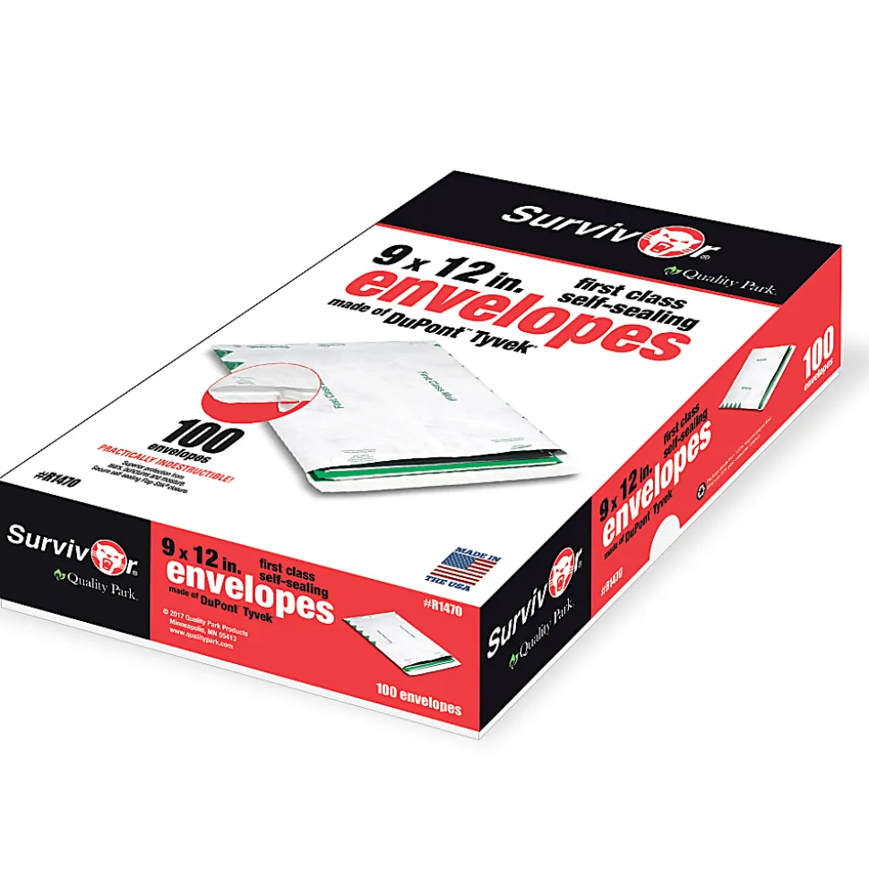 Quality Park® Tyvek® 9" x 12" Envelopes, Self-Adhesive, First Class, White, Box Of 100