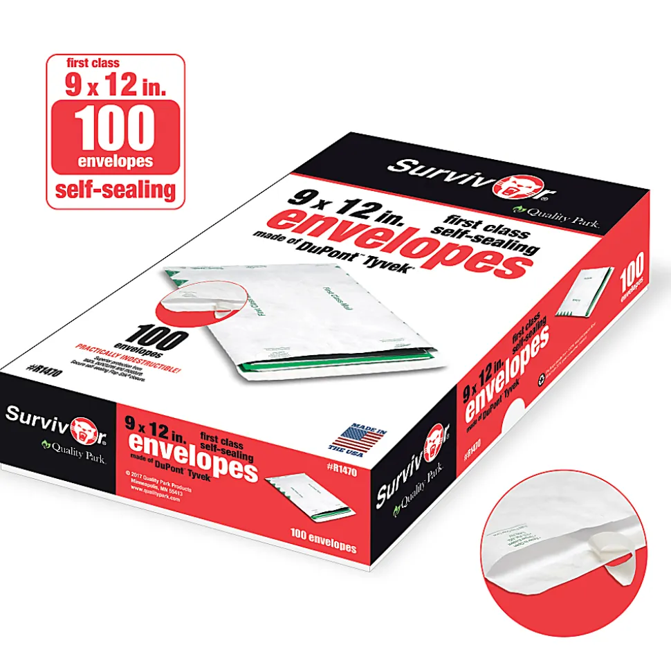 Quality Park® Tyvek® 9" x 12" Envelopes, Self-Adhesive, First Class, White, Box Of 100