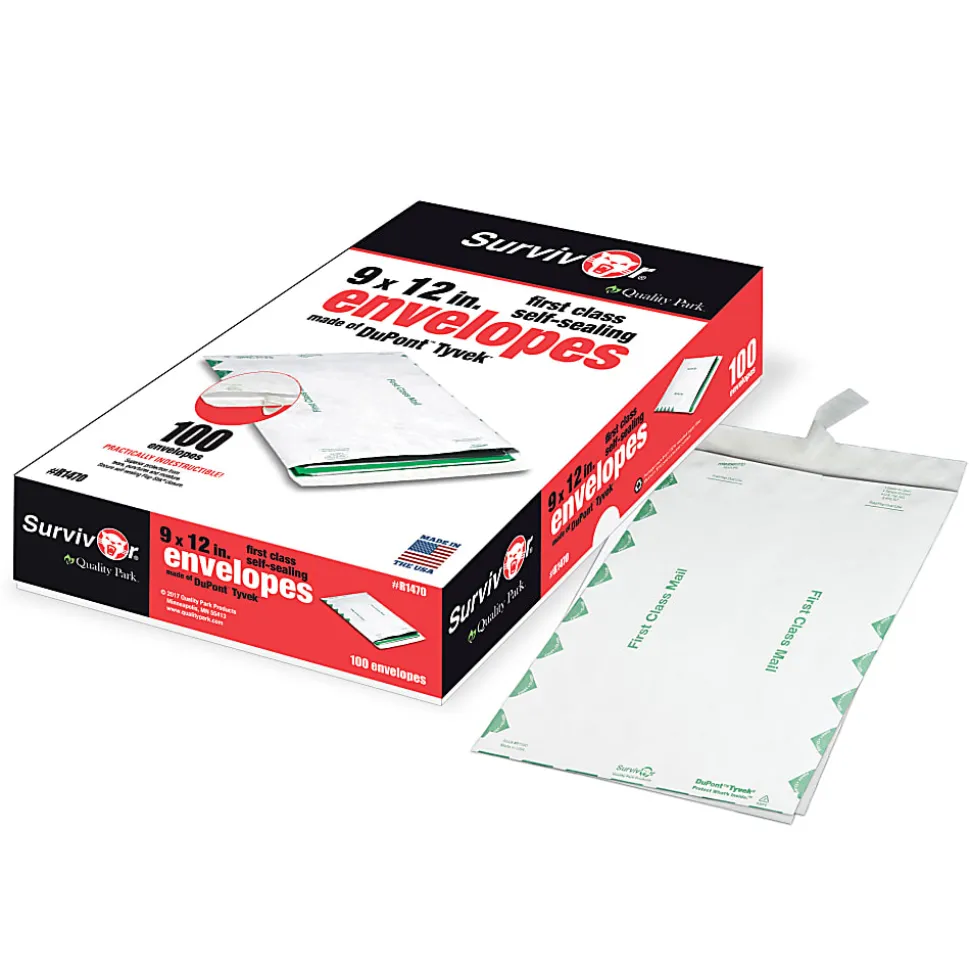 Quality Park® Tyvek® 9" x 12" Envelopes, Self-Adhesive, First Class, White, Box Of 100