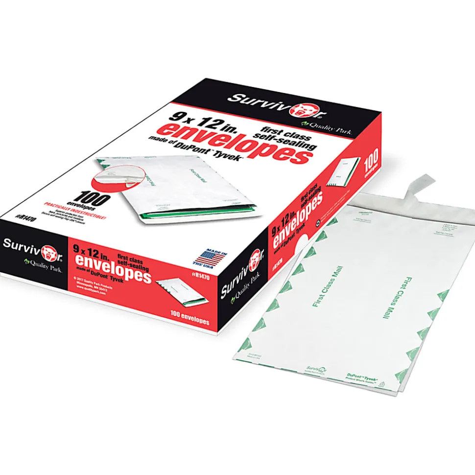 Quality Park® Tyvek® 9" x 12" Envelopes, Self-Adhesive, First Class, White, Box Of 100