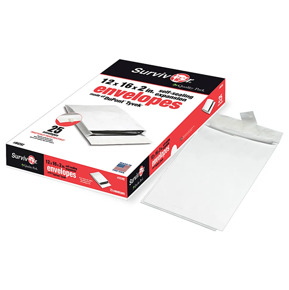 Quality Park® Tyvek® 12" x 16" x 2" Expansion Envelopes, 14 Lb, Self-Adhesive, White, Box Of 25