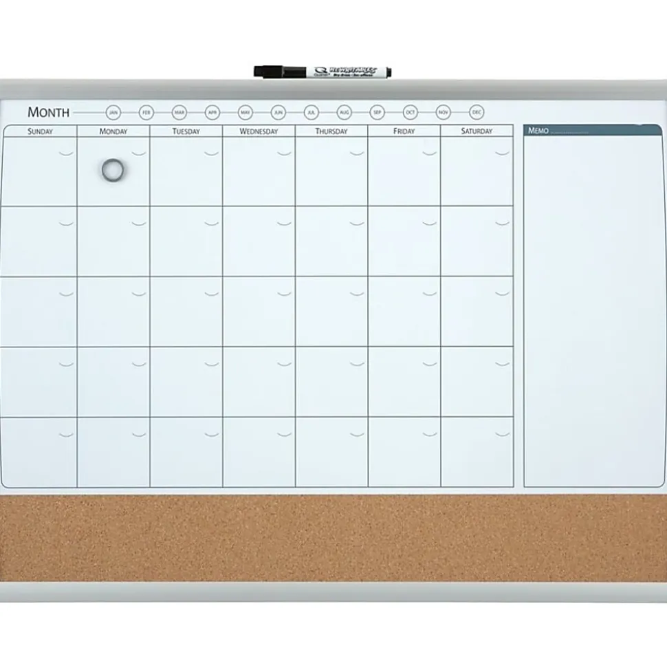 Quartet® Calendar Magnetic Dry-Erase Whiteboard, 17" x 23", Black/Silver Plastic Frame