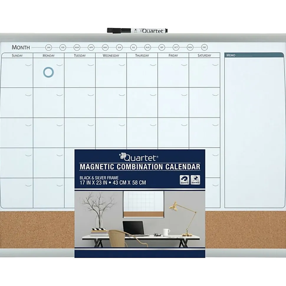 Quartet® Calendar Magnetic Dry-Erase Whiteboard, 17" x 23", Black/Silver Plastic Frame